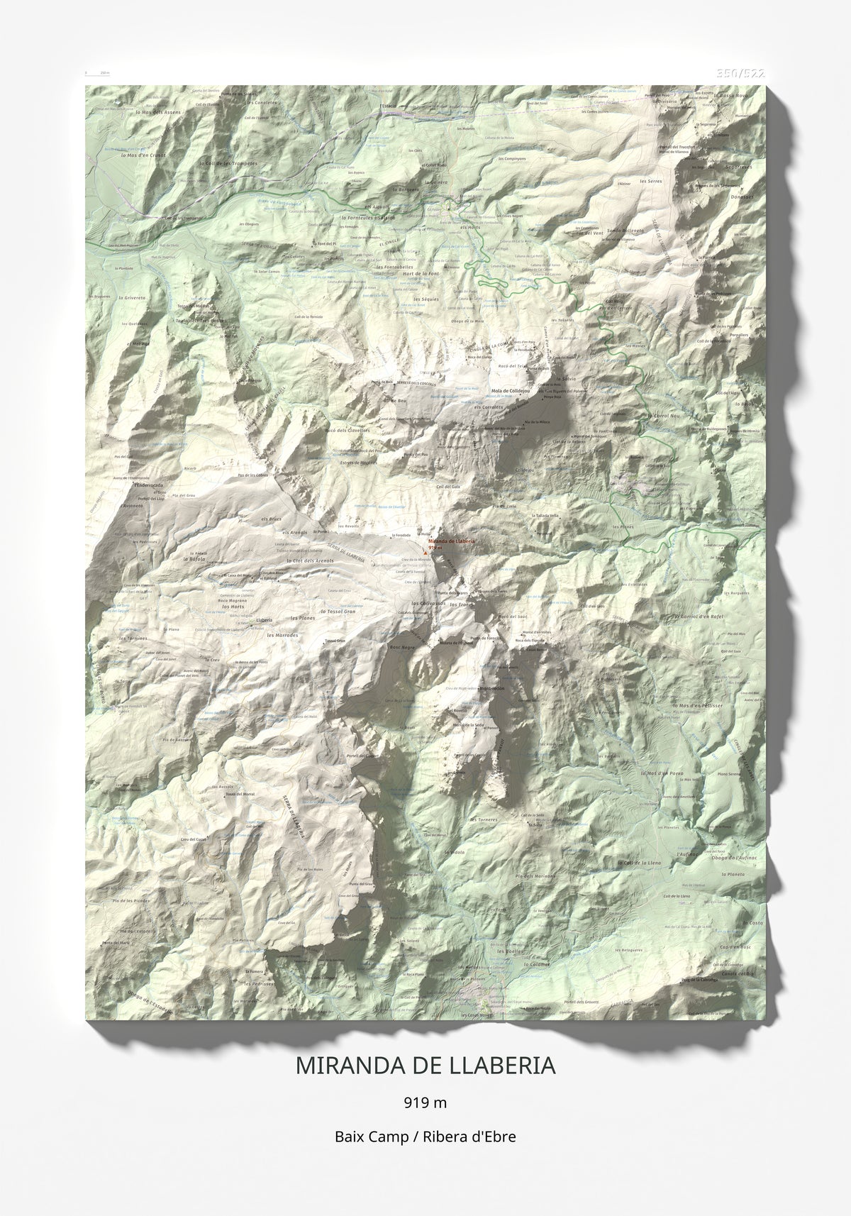 Mapa de relieve de Miranda de Llaberia, 919 m, Baix Camp · Ribera d'Ebre, lámina 100 Cims de Trobart 70 × 100 cm.