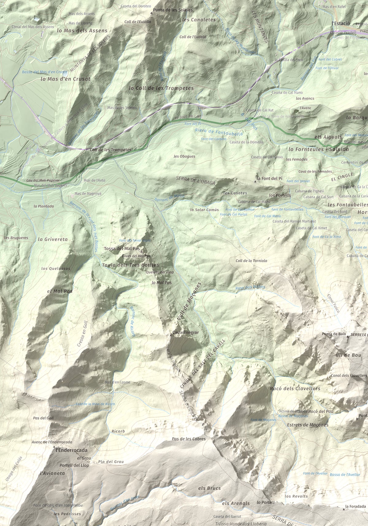 Mapa de relieve de Miranda de Llaberia, 919 m, Baix Camp · Ribera d'Ebre, lámina 100 Cims de Trobart. Detalle de la zona superior izquierda. 70 × 100 cm.