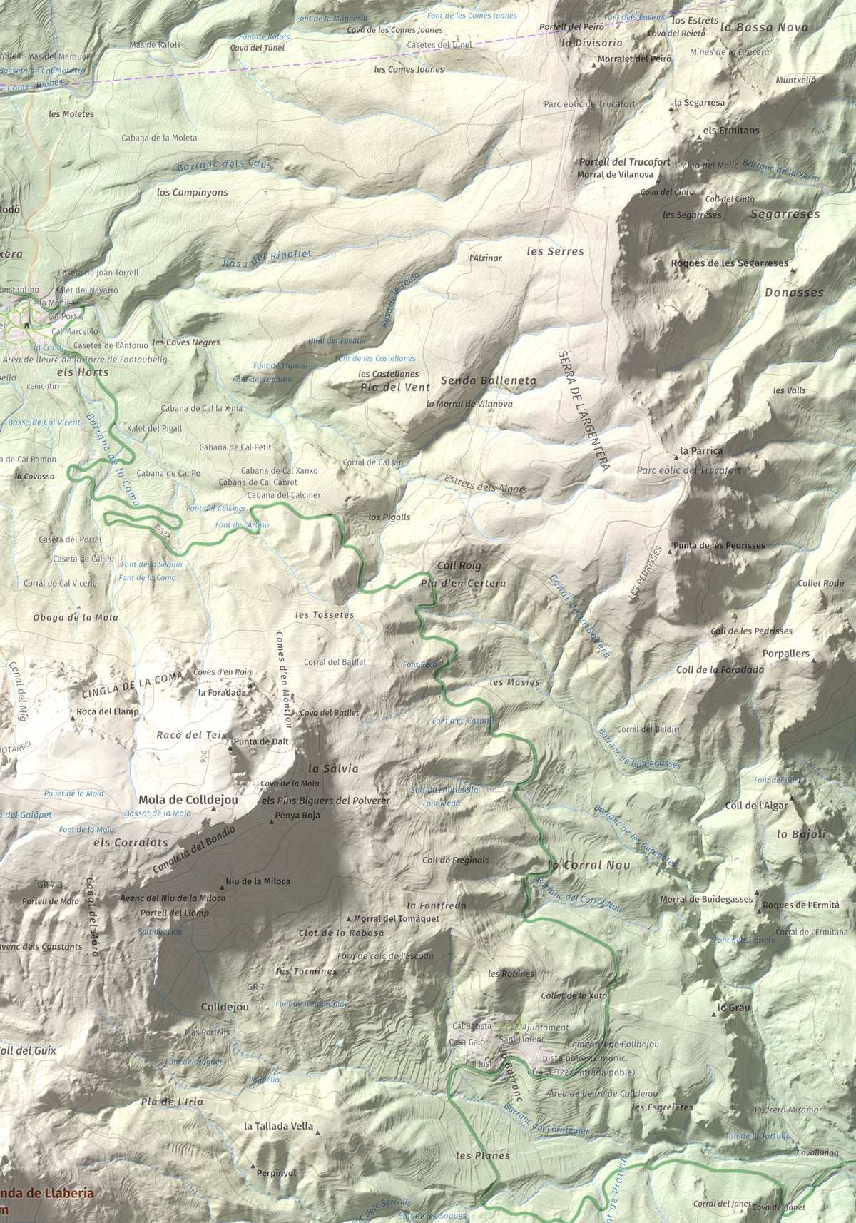 Mapa de relieve de Miranda de Llaberia, 919 m, Baix Camp · Ribera d'Ebre, lámina 100 Cims de Trobart. Detalle de la zona superior derecha. 70 × 100 cm.