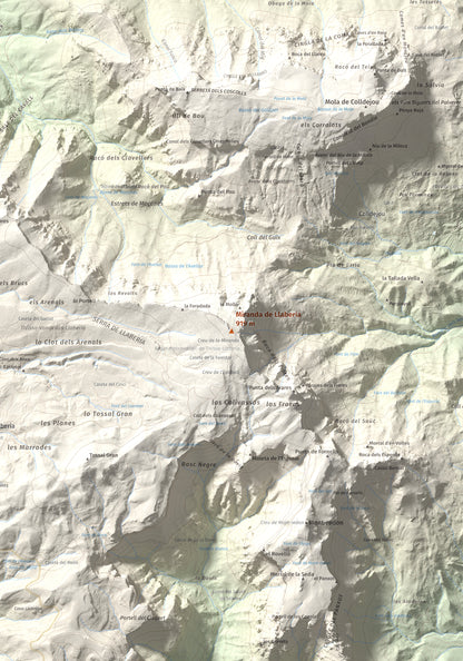 Mapa de relieve de Miranda de Llaberia, 919 m, Baix Camp · Ribera d'Ebre, lámina 100 Cims de Trobart. Detalle de la zona central. 70 × 100 cm.