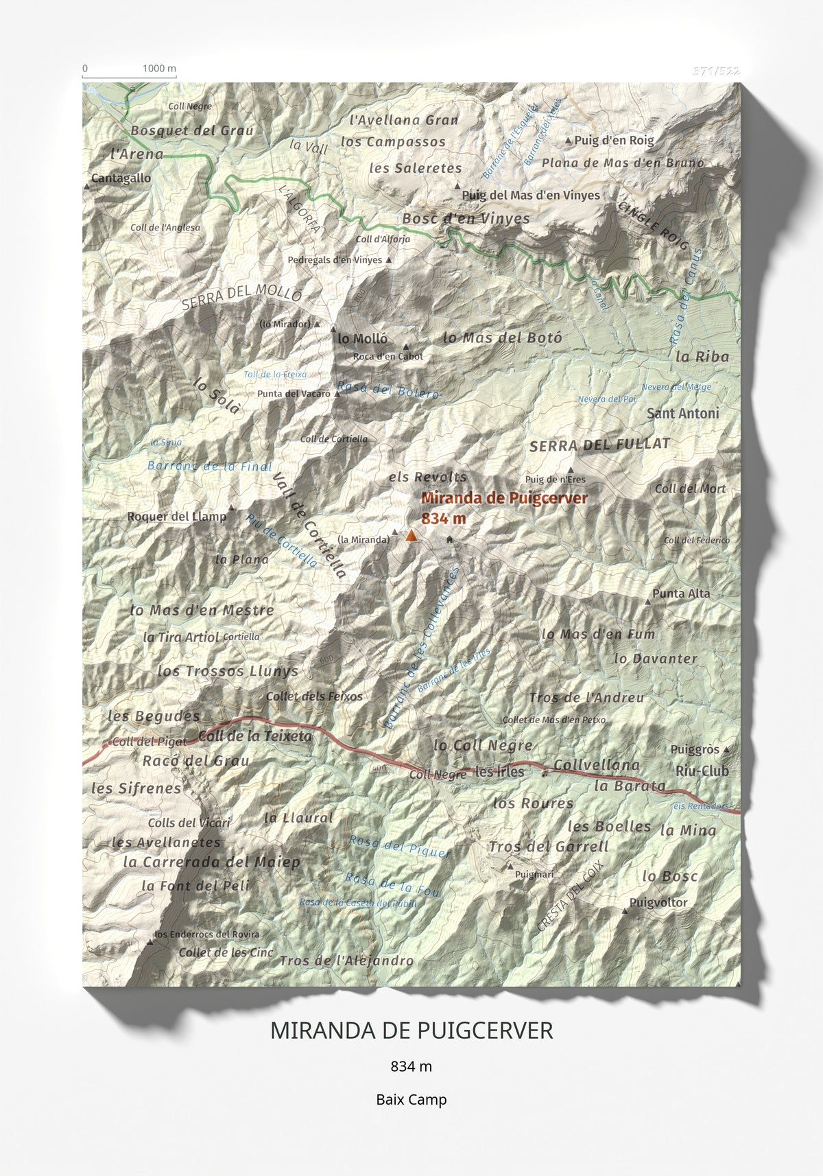 Mapa de relieve de Miranda de Puigcerver, 834 m, Baix Camp, lámina 100 Cims de Trobart 21 × 30 cm.