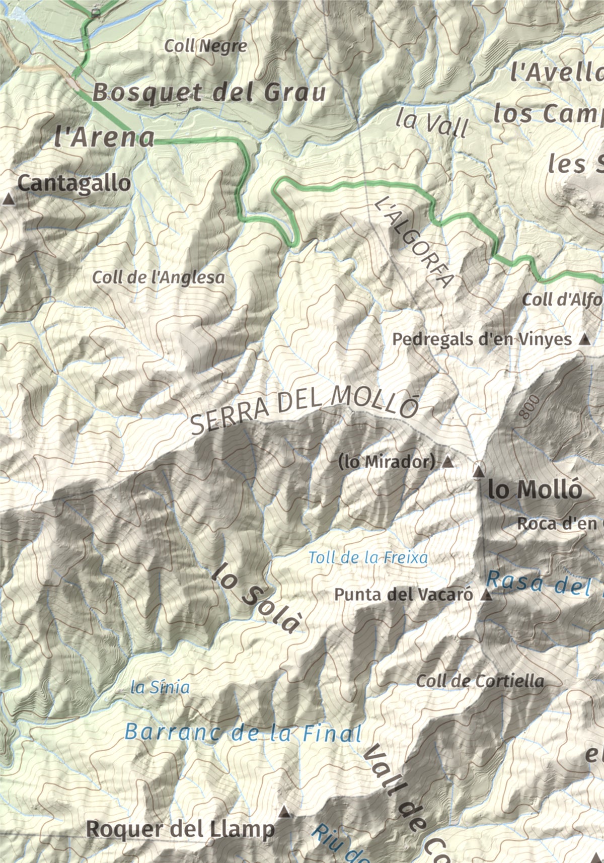 Mapa de relieve de Miranda de Puigcerver, 834 m, Baix Camp, lámina 100 Cims de Trobart. Detalle de la zona superior izquierda. 21 × 30 cm.