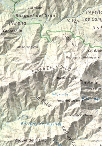 Mapa de relieve de Miranda de Puigcerver, 834 m, Baix Camp, lámina 100 Cims de Trobart. Detalle de la zona superior izquierda. 21 × 30 cm.