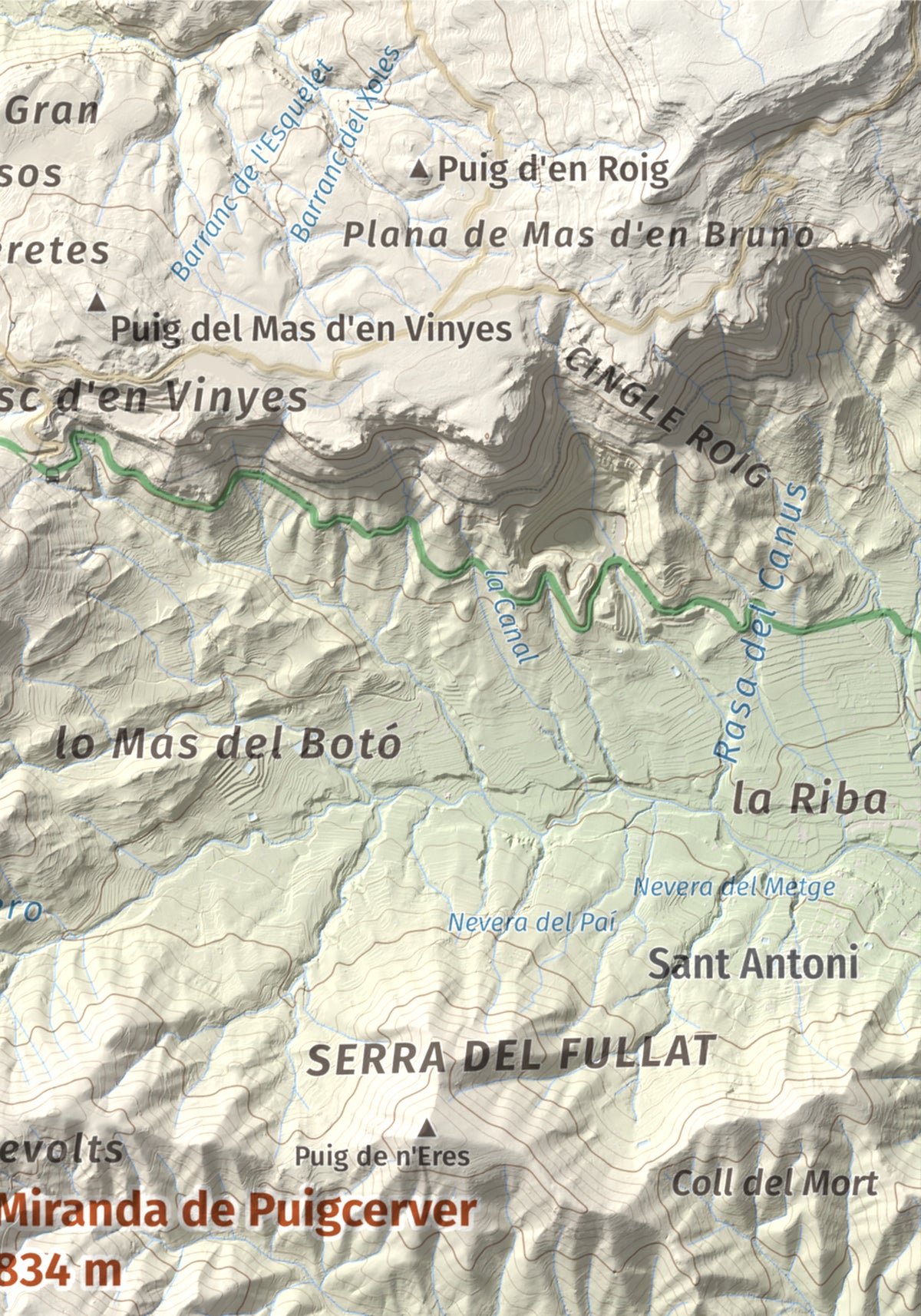 Mapa de relieve de Miranda de Puigcerver, 834 m, Baix Camp, lámina 100 Cims de Trobart. Detalle de la zona superior derecha. 21 × 30 cm.