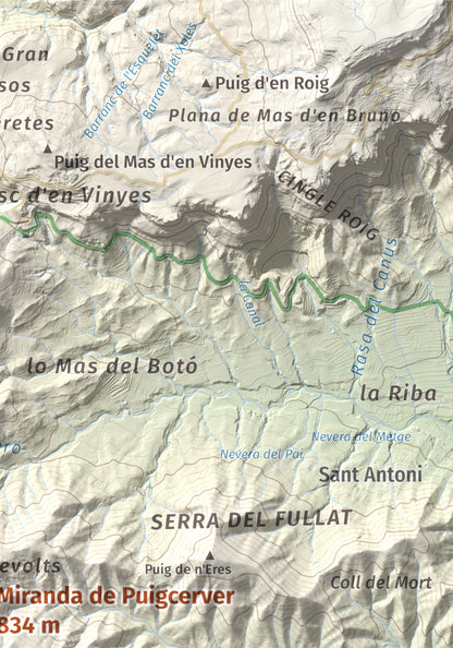 Mapa de relieve de Miranda de Puigcerver, 834 m, Baix Camp, lámina 100 Cims de Trobart. Detalle de la zona superior derecha. 21 × 30 cm.