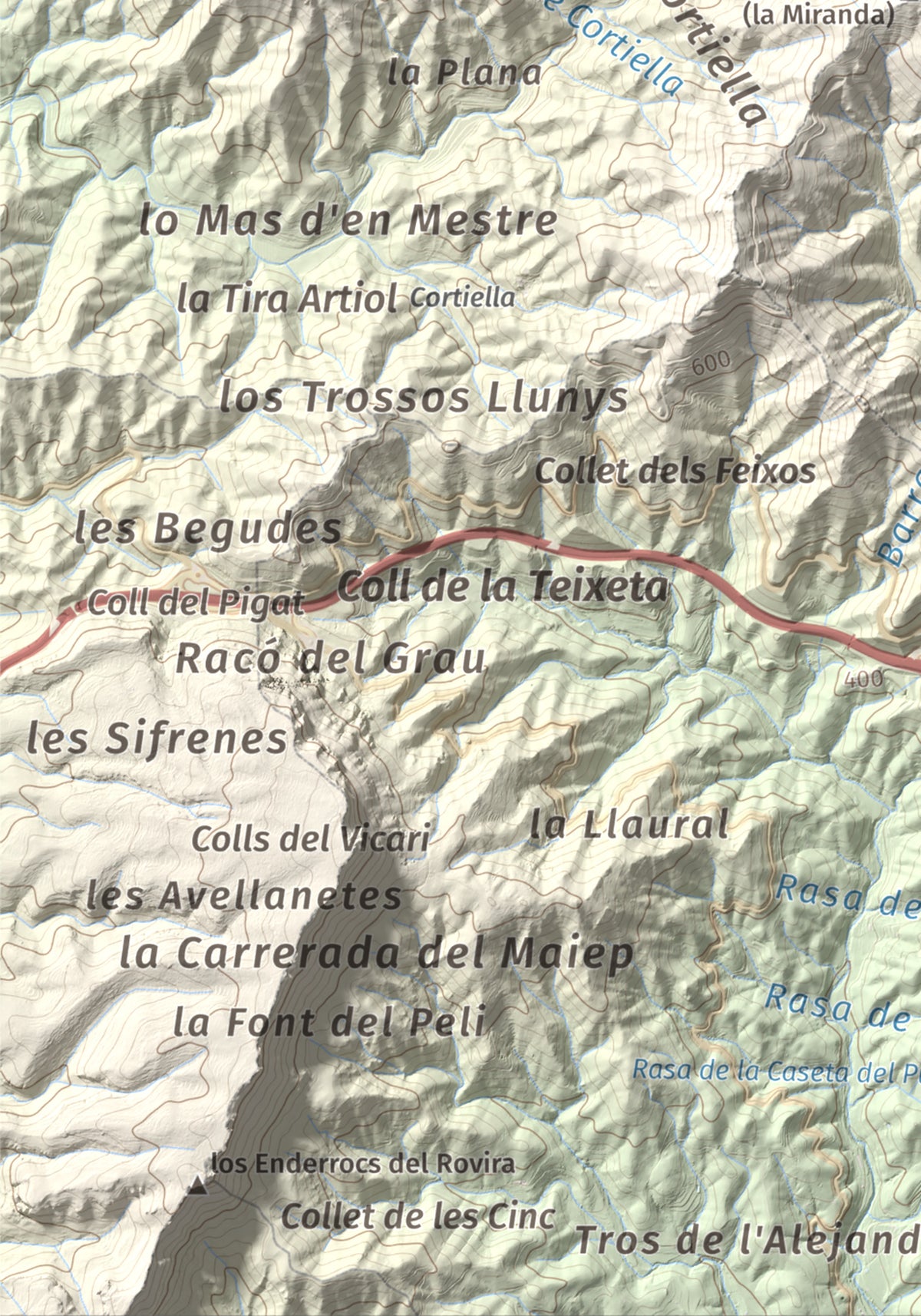 Mapa de relieve de Miranda de Puigcerver, 834 m, Baix Camp, lámina 100 Cims de Trobart. Detalle de la zona inferior izquierda. 21 × 30 cm.