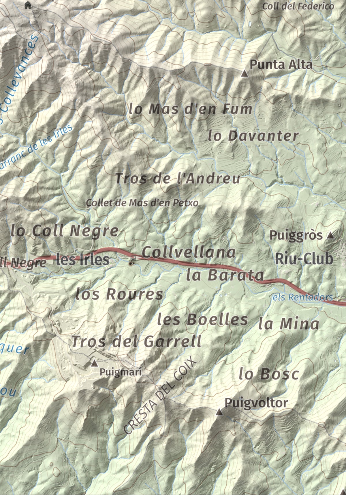 Mapa de relieve de Miranda de Puigcerver, 834 m, Baix Camp, lámina 100 Cims de Trobart. Detalle de la zona inferior derecha. 21 × 30 cm.