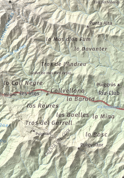 Mapa de relieve de Miranda de Puigcerver, 834 m, Baix Camp, lámina 100 Cims de Trobart. Detalle de la zona inferior derecha. 21 × 30 cm.