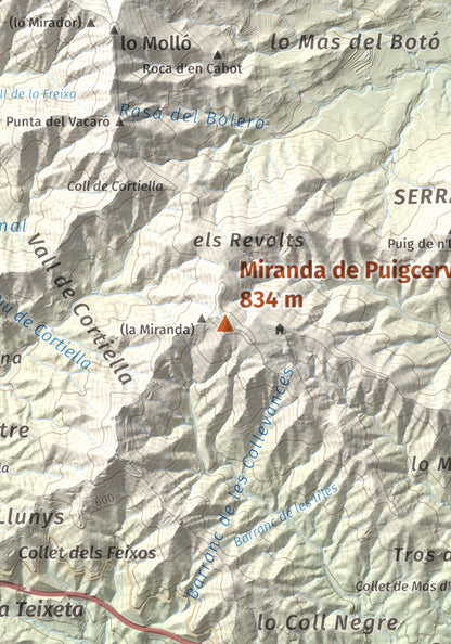 Mapa de relieve de Miranda de Puigcerver, 834 m, Baix Camp, lámina 100 Cims de Trobart. Detalle de la zona central. 21 × 30 cm.