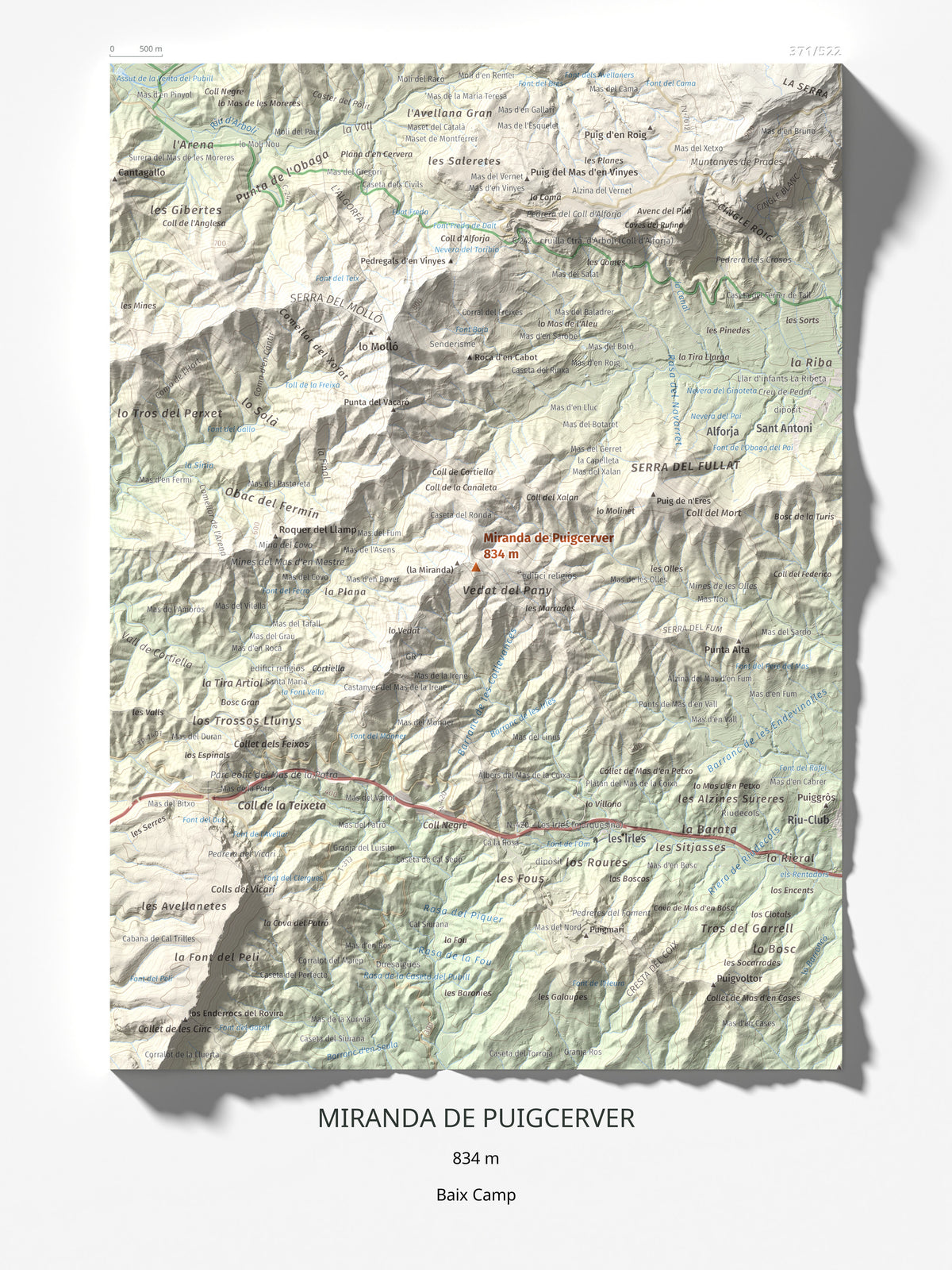 Mapa de relieve de Miranda de Puigcerver, 834 m, Baix Camp, lámina 100 Cims de Trobart 30 × 40 cm.