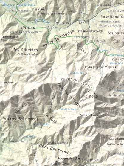 Mapa de relieve de Miranda de Puigcerver, 834 m, Baix Camp, lámina 100 Cims de Trobart. Detalle de la zona superior izquierda. 30 × 40 cm.