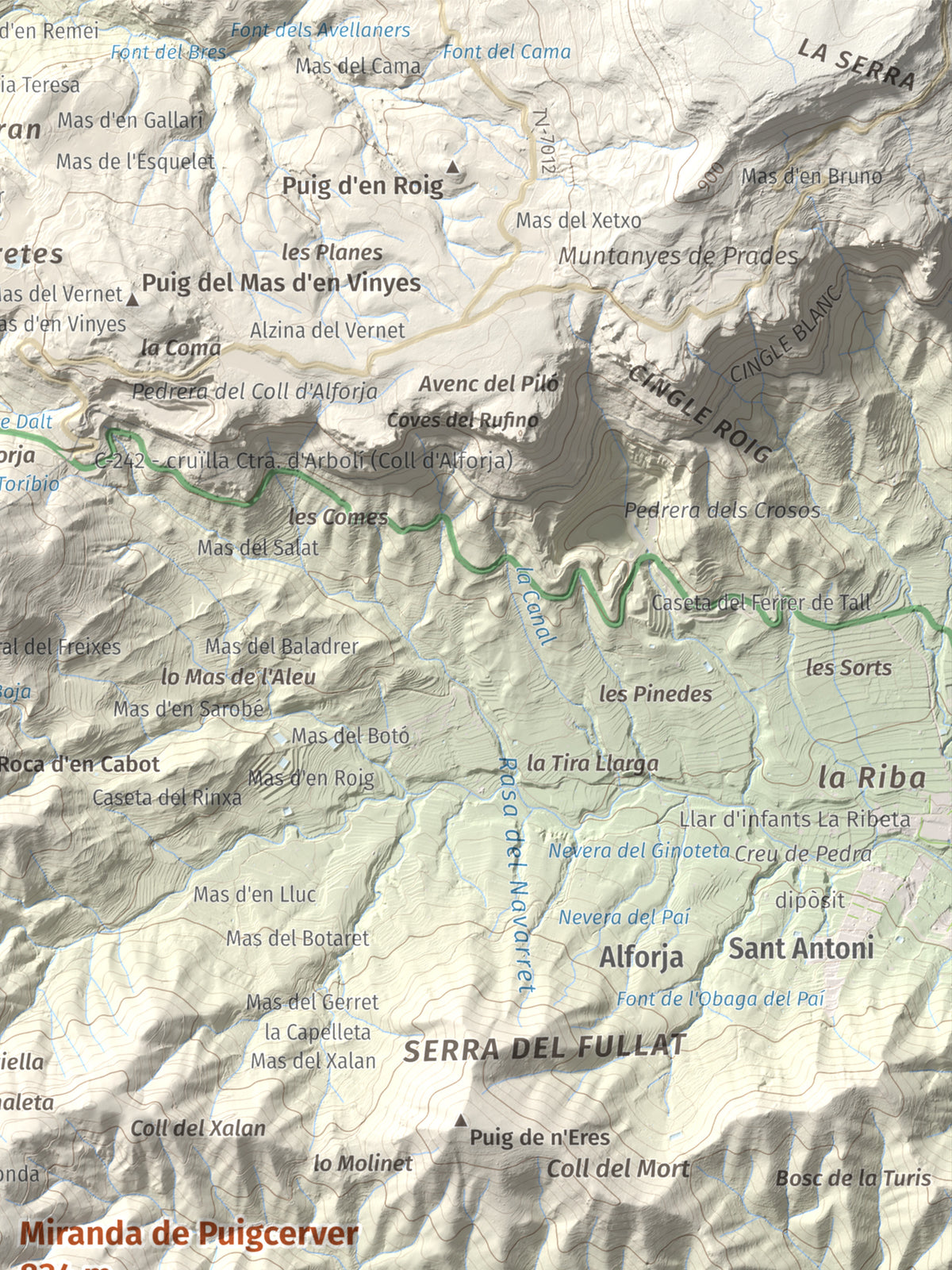 Mapa de relieve de Miranda de Puigcerver, 834 m, Baix Camp, lámina 100 Cims de Trobart. Detalle de la zona superior derecha. 30 × 40 cm.