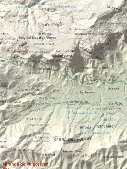 Mapa de relieve de Miranda de Puigcerver, 834 m, Baix Camp, lámina 100 Cims de Trobart. Detalle de la zona superior derecha. 30 × 40 cm.