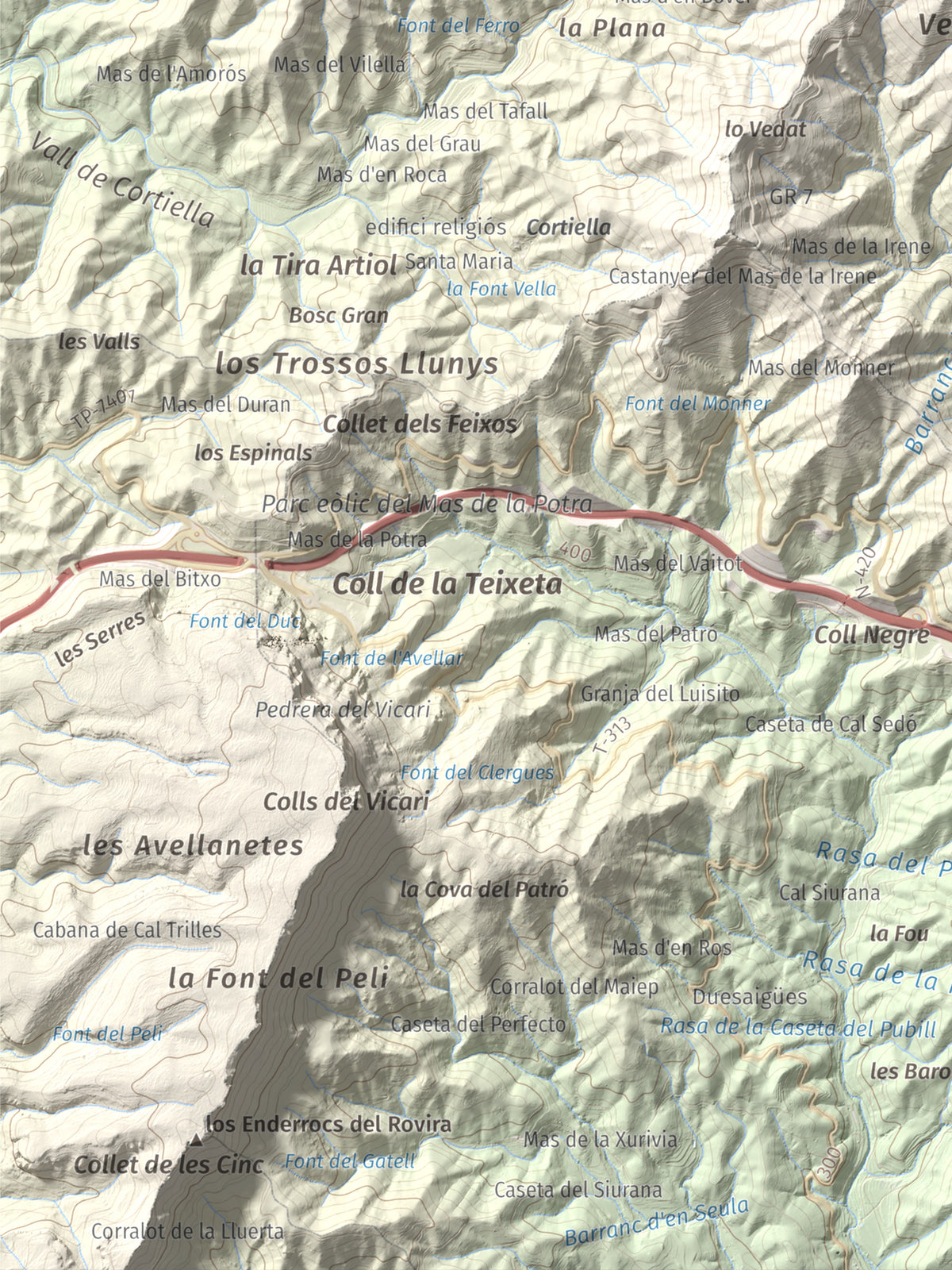 Mapa de relieve de Miranda de Puigcerver, 834 m, Baix Camp, lámina 100 Cims de Trobart. Detalle de la zona inferior izquierda. 30 × 40 cm.