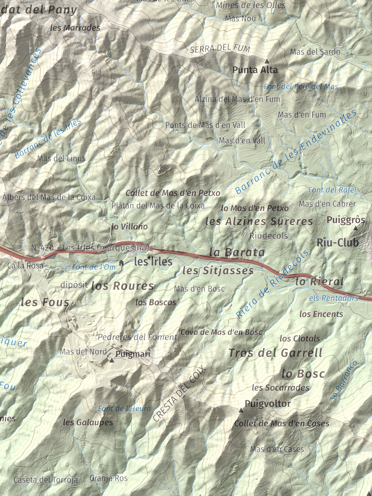 Mapa de relieve de Miranda de Puigcerver, 834 m, Baix Camp, lámina 100 Cims de Trobart. Detalle de la zona inferior derecha. 30 × 40 cm.