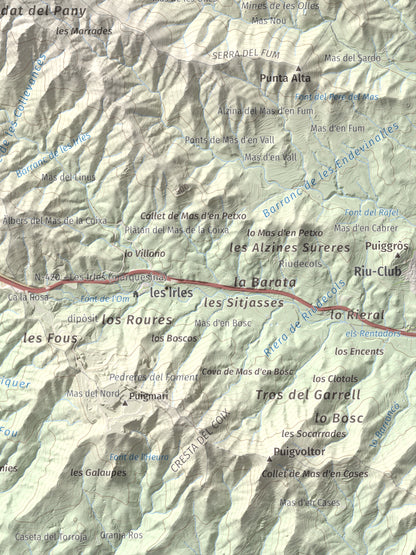 Mapa de relieve de Miranda de Puigcerver, 834 m, Baix Camp, lámina 100 Cims de Trobart. Detalle de la zona inferior derecha. 30 × 40 cm.