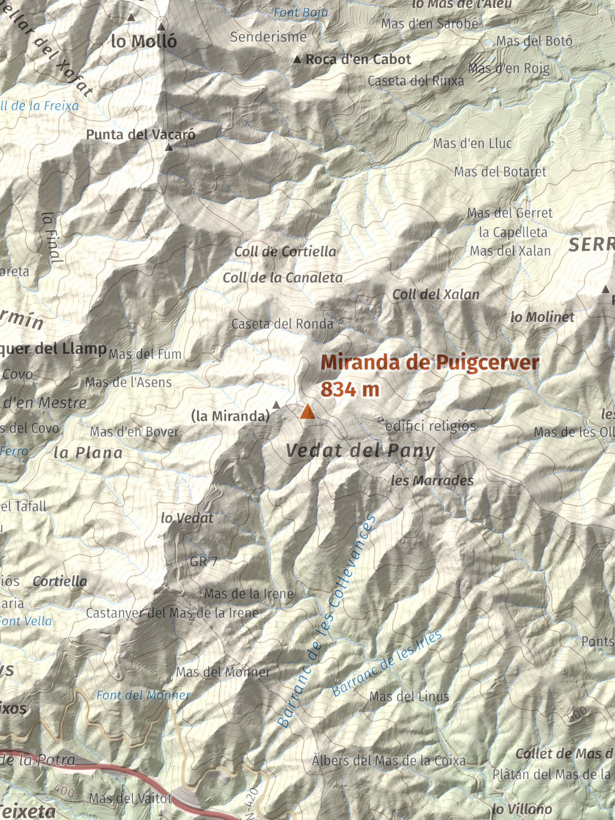 Mapa de relieve de Miranda de Puigcerver, 834 m, Baix Camp, lámina 100 Cims de Trobart. Detalle de la zona central. 30 × 40 cm.