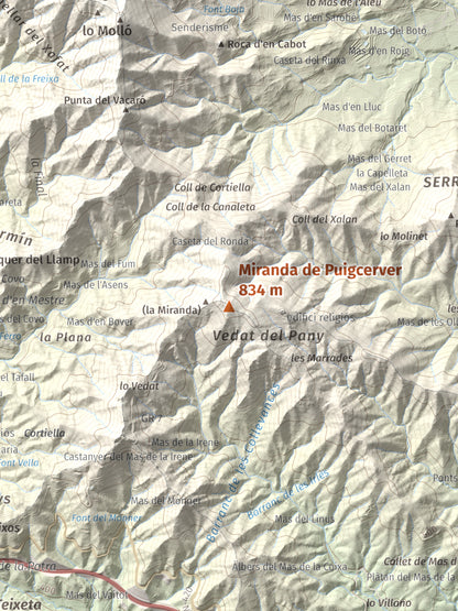 Mapa de relieve de Miranda de Puigcerver, 834 m, Baix Camp, lámina 100 Cims de Trobart. Detalle de la zona central. 30 × 40 cm.