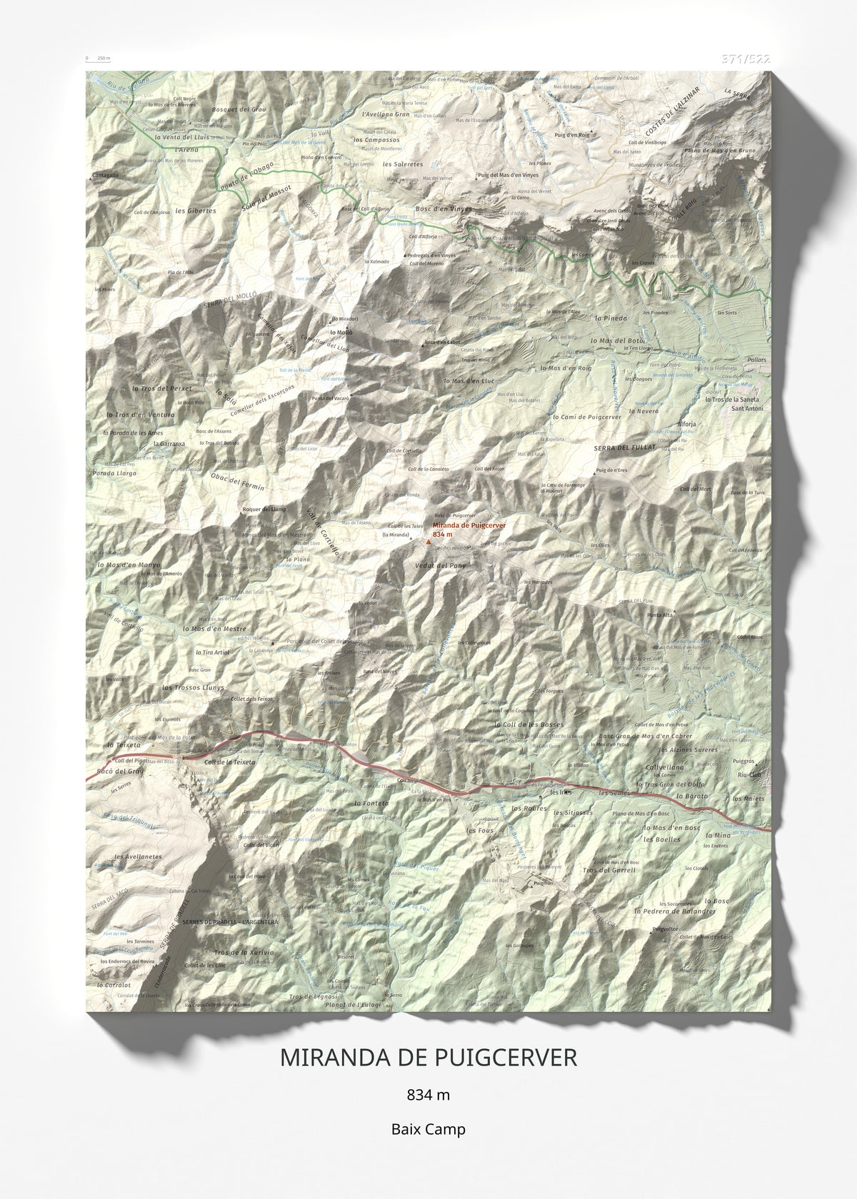 Mapa de relieve de Miranda de Puigcerver, 834 m, Baix Camp, lámina 100 Cims de Trobart 50 × 70 cm.