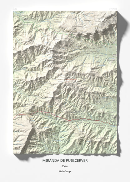 Mapa de relieve de Miranda de Puigcerver, 834 m, Baix Camp, lámina 100 Cims de Trobart 50 × 70 cm.