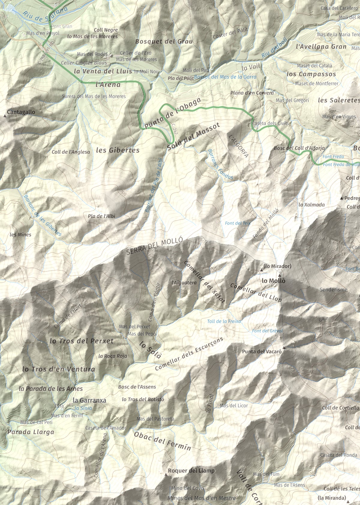 Mapa de relieve de Miranda de Puigcerver, 834 m, Baix Camp, lámina 100 Cims de Trobart. Detalle de la zona superior izquierda. 50 × 70 cm.