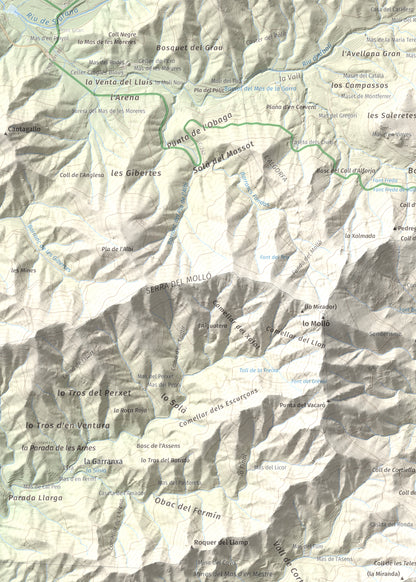 Mapa de relieve de Miranda de Puigcerver, 834 m, Baix Camp, lámina 100 Cims de Trobart. Detalle de la zona superior izquierda. 50 × 70 cm.