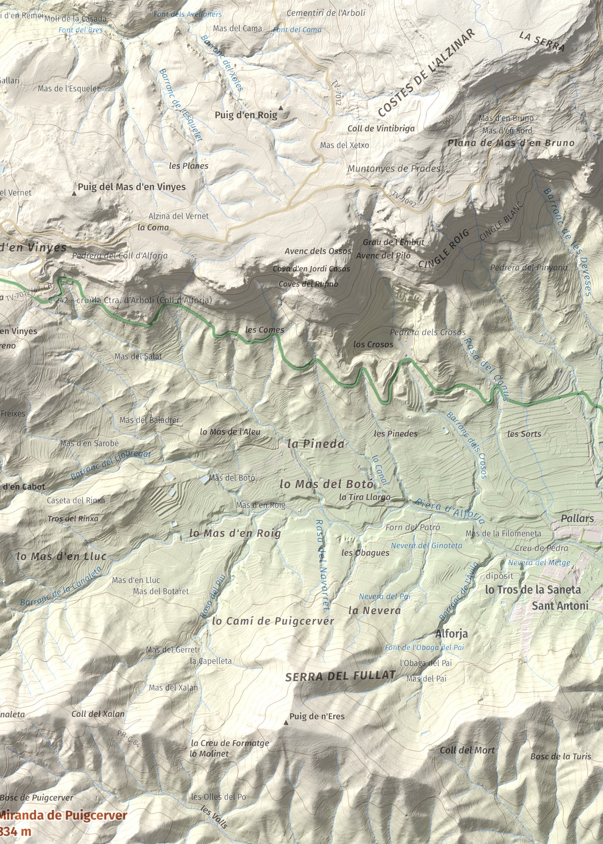 Mapa de relieve de Miranda de Puigcerver, 834 m, Baix Camp, lámina 100 Cims de Trobart. Detalle de la zona superior derecha. 50 × 70 cm.