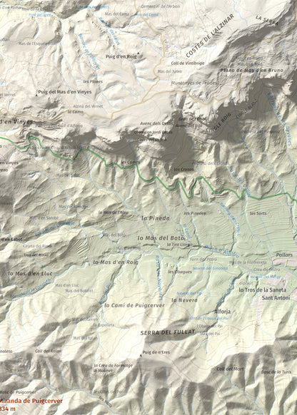 Mapa de relieve de Miranda de Puigcerver, 834 m, Baix Camp, lámina 100 Cims de Trobart. Detalle de la zona superior derecha. 50 × 70 cm.