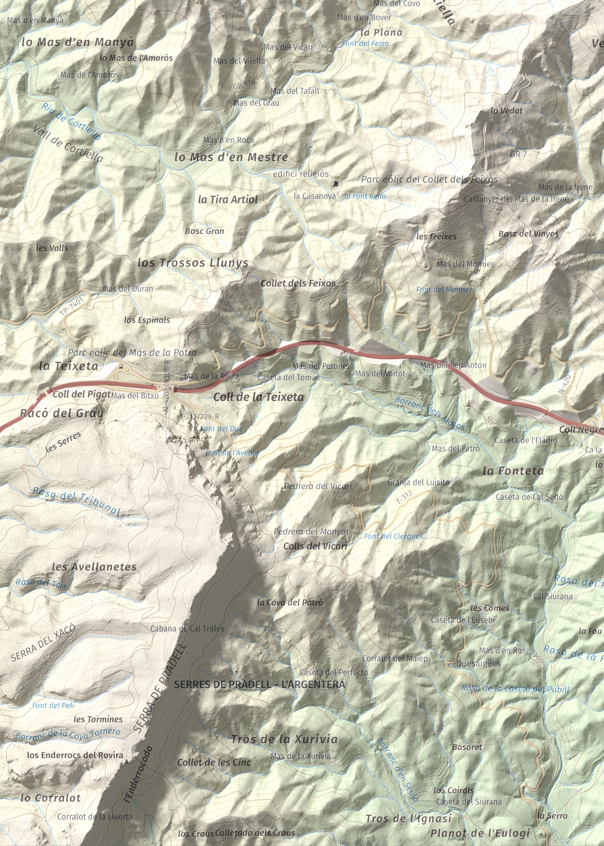 Mapa de relieve de Miranda de Puigcerver, 834 m, Baix Camp, lámina 100 Cims de Trobart. Detalle de la zona inferior izquierda. 50 × 70 cm.