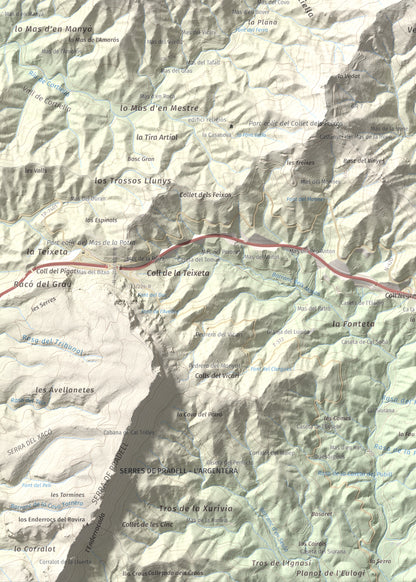Mapa de relieve de Miranda de Puigcerver, 834 m, Baix Camp, lámina 100 Cims de Trobart. Detalle de la zona inferior izquierda. 50 × 70 cm.