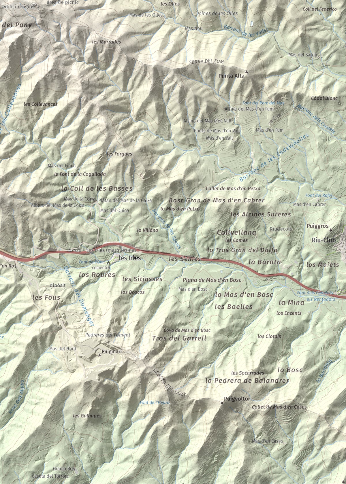 Mapa de relieve de Miranda de Puigcerver, 834 m, Baix Camp, lámina 100 Cims de Trobart. Detalle de la zona inferior derecha. 50 × 70 cm.