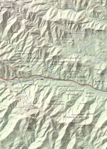 Mapa de relieve de Miranda de Puigcerver, 834 m, Baix Camp, lámina 100 Cims de Trobart. Detalle de la zona inferior derecha. 50 × 70 cm.