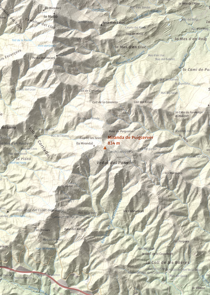 Mapa de relieve de Miranda de Puigcerver, 834 m, Baix Camp, lámina 100 Cims de Trobart. Detalle de la zona central. 50 × 70 cm.