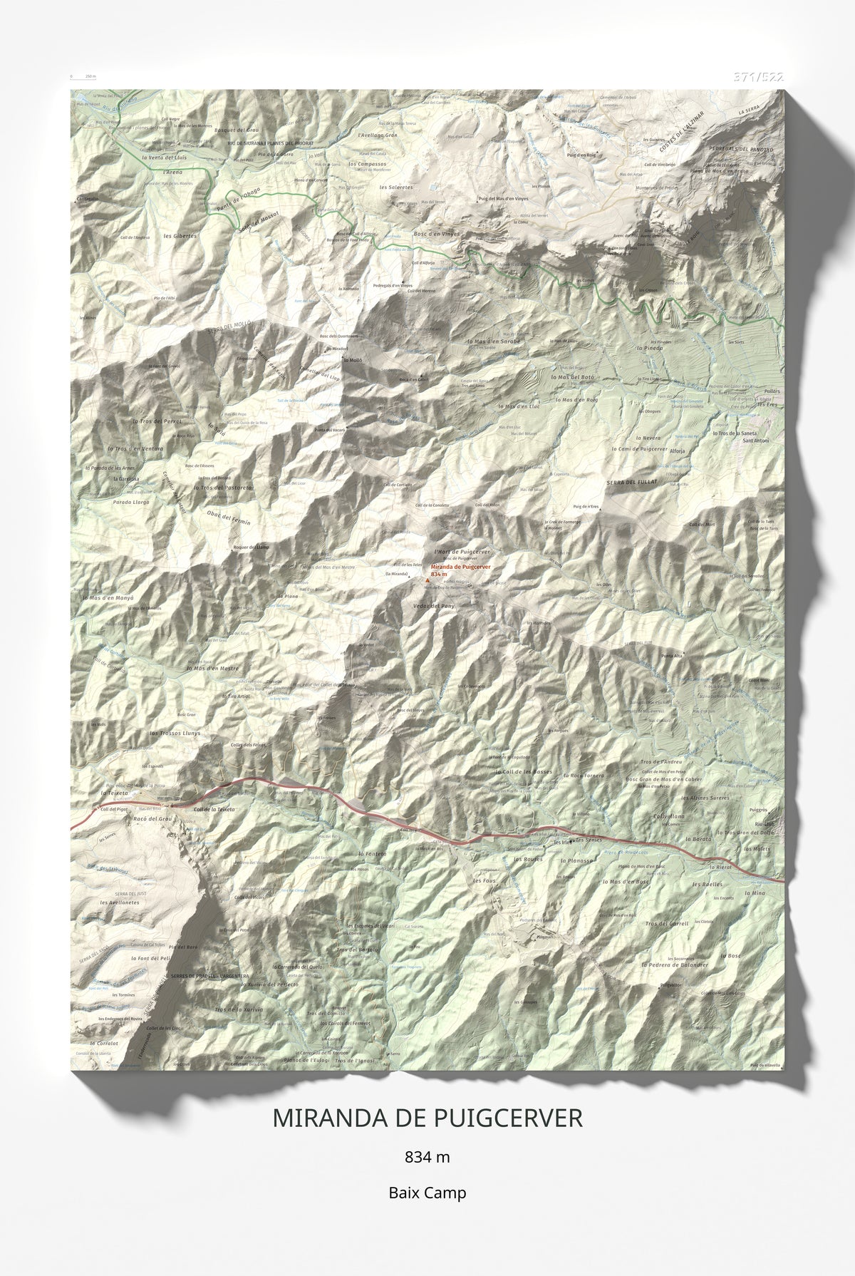 Mapa de relieve de Miranda de Puigcerver, 834 m, Baix Camp, lámina 100 Cims de Trobart 61 × 91 cm.