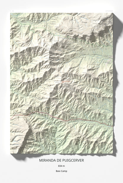Mapa de relieve de Miranda de Puigcerver, 834 m, Baix Camp, lámina 100 Cims de Trobart 61 × 91 cm.