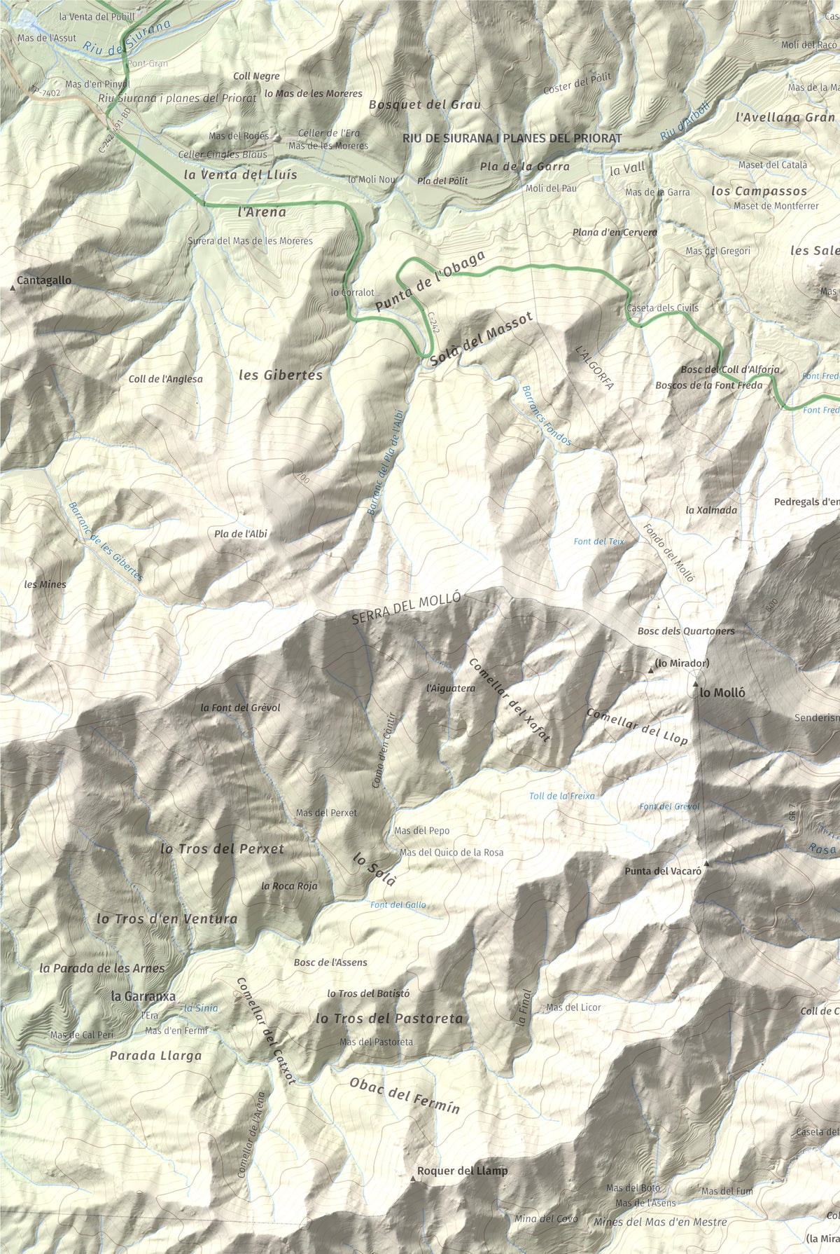 Mapa de relieve de Miranda de Puigcerver, 834 m, Baix Camp, lámina 100 Cims de Trobart. Detalle de la zona superior izquierda. 61 × 91 cm.