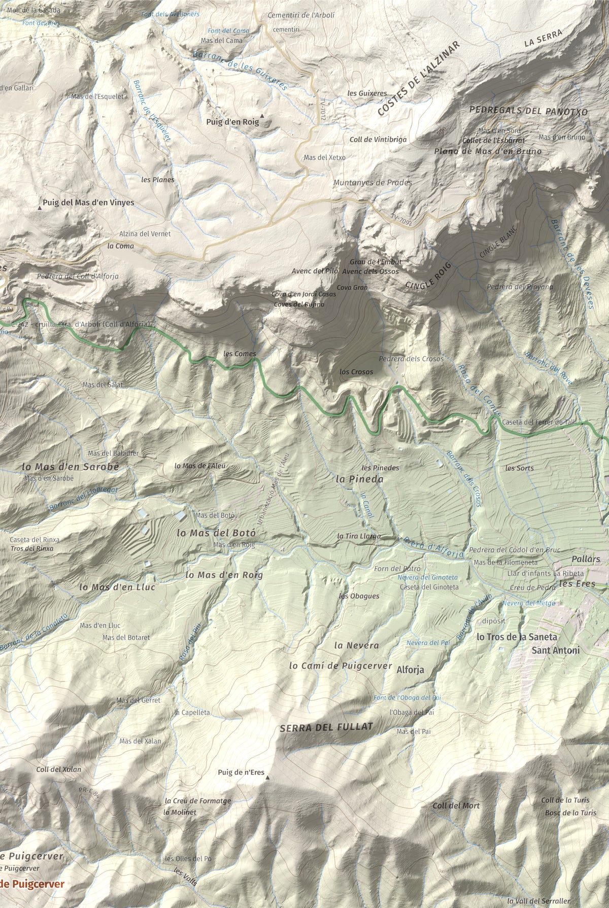 Mapa de relieve de Miranda de Puigcerver, 834 m, Baix Camp, lámina 100 Cims de Trobart. Detalle de la zona superior derecha. 61 × 91 cm.