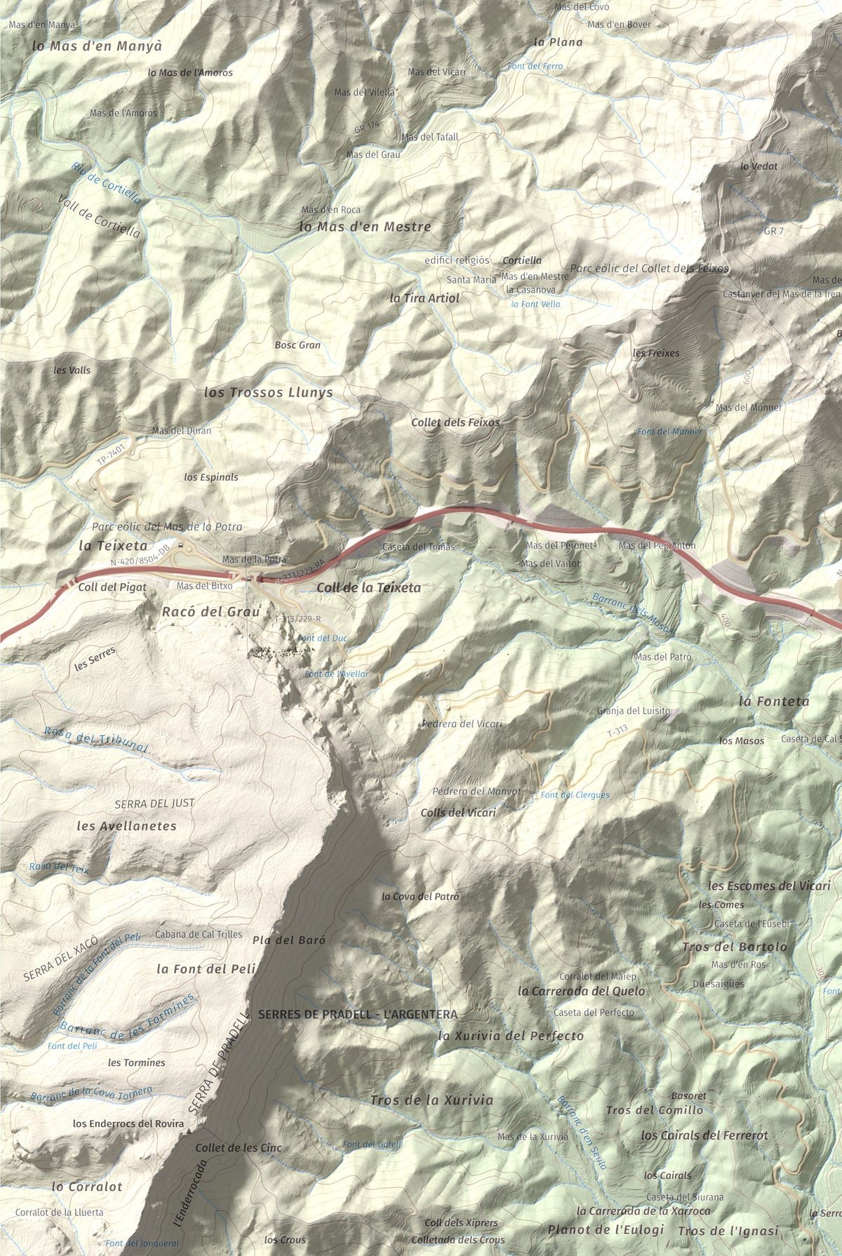 Mapa de relieve de Miranda de Puigcerver, 834 m, Baix Camp, lámina 100 Cims de Trobart. Detalle de la zona inferior izquierda. 61 × 91 cm.
