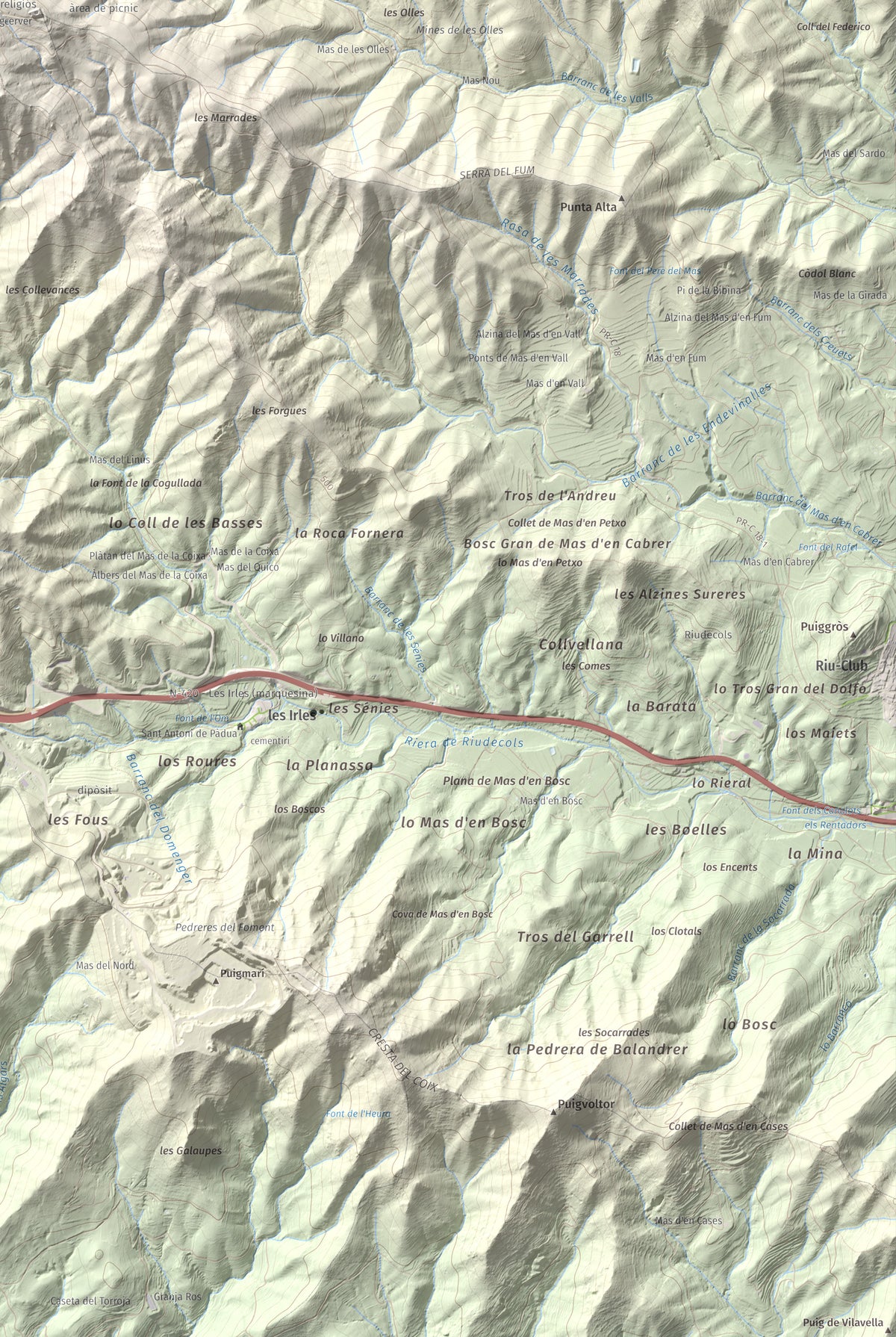 Mapa de relieve de Miranda de Puigcerver, 834 m, Baix Camp, lámina 100 Cims de Trobart. Detalle de la zona inferior derecha. 61 × 91 cm.
