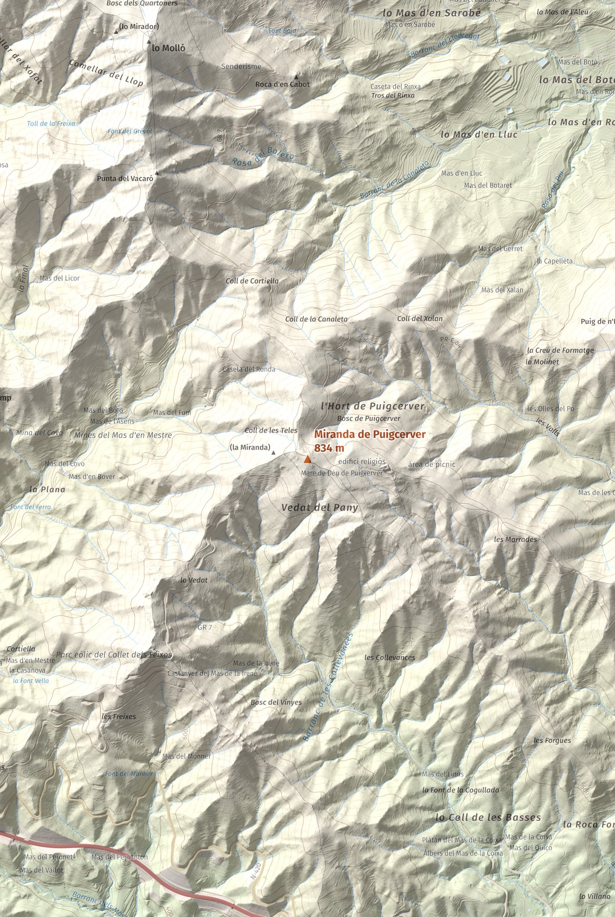 Mapa de relieve de Miranda de Puigcerver, 834 m, Baix Camp, lámina 100 Cims de Trobart. Detalle de la zona central. 61 × 91 cm.