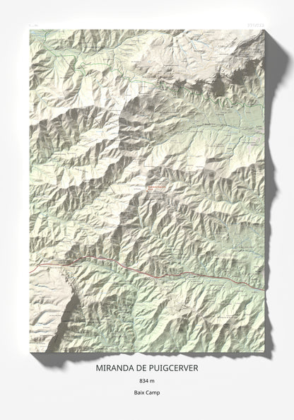Mapa de relieve de Miranda de Puigcerver, 834 m, Baix Camp, lámina 100 Cims de Trobart 70 × 100 cm.