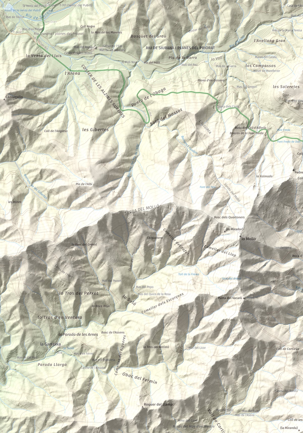 Mapa de relieve de Miranda de Puigcerver, 834 m, Baix Camp, lámina 100 Cims de Trobart. Detalle de la zona superior izquierda. 70 × 100 cm.