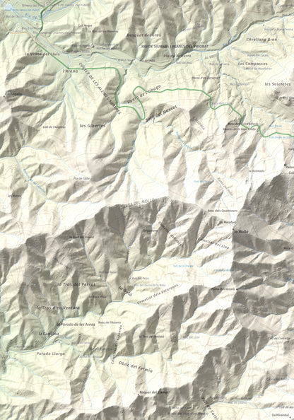 Mapa de relieve de Miranda de Puigcerver, 834 m, Baix Camp, lámina 100 Cims de Trobart. Detalle de la zona superior izquierda. 70 × 100 cm.