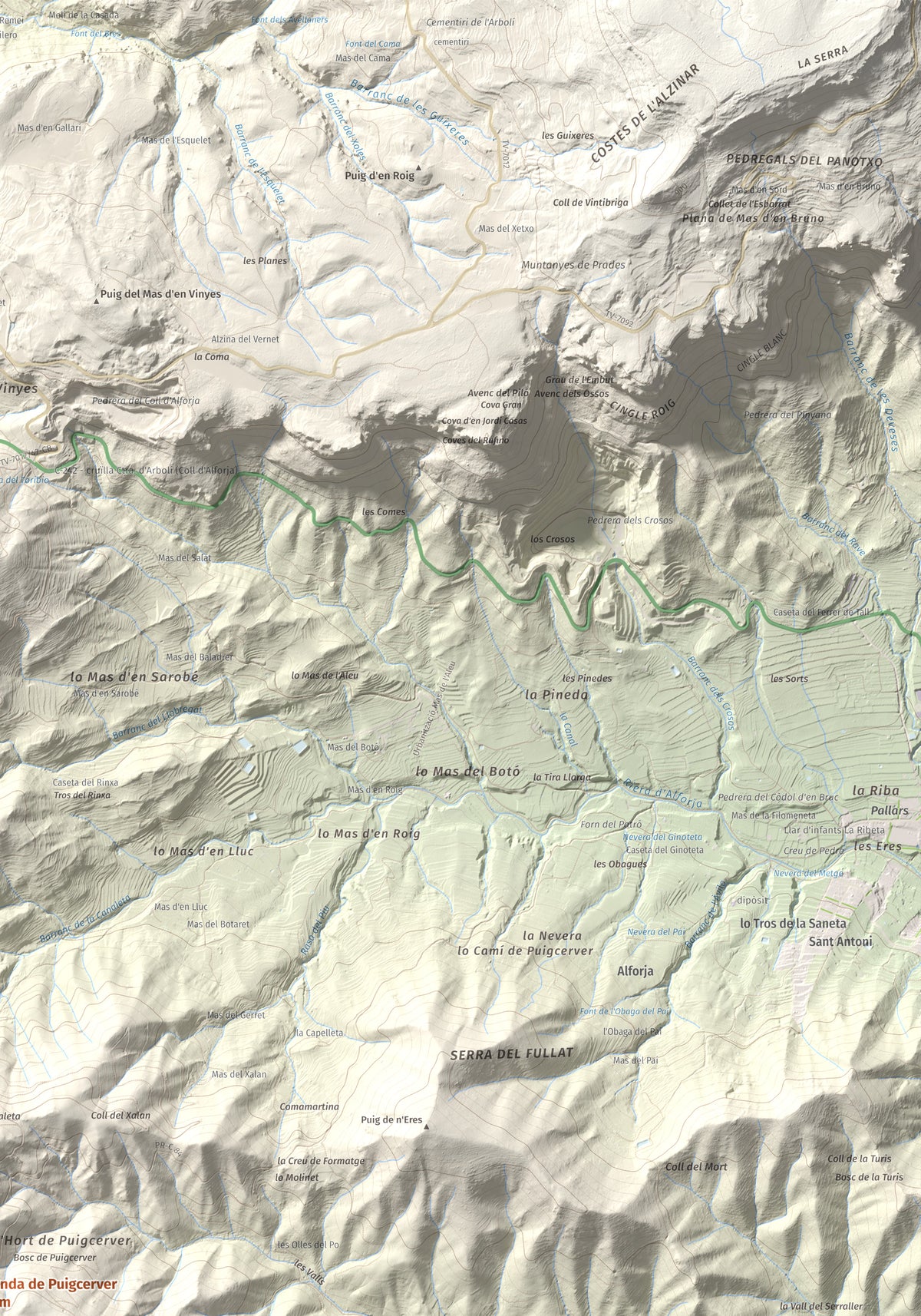 Mapa de relieve de Miranda de Puigcerver, 834 m, Baix Camp, lámina 100 Cims de Trobart. Detalle de la zona superior derecha. 70 × 100 cm.