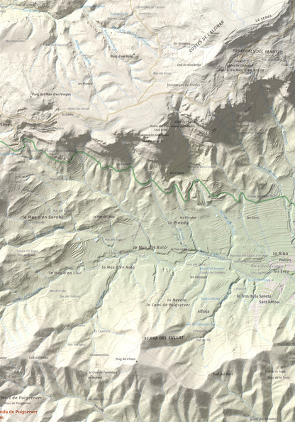 Mapa de relieve de Miranda de Puigcerver, 834 m, Baix Camp, lámina 100 Cims de Trobart. Detalle de la zona superior derecha. 70 × 100 cm.