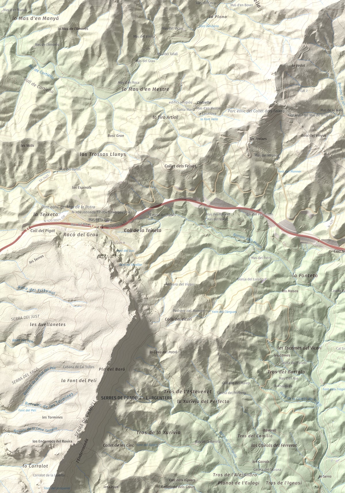 Mapa de relieve de Miranda de Puigcerver, 834 m, Baix Camp, lámina 100 Cims de Trobart. Detalle de la zona inferior izquierda. 70 × 100 cm.