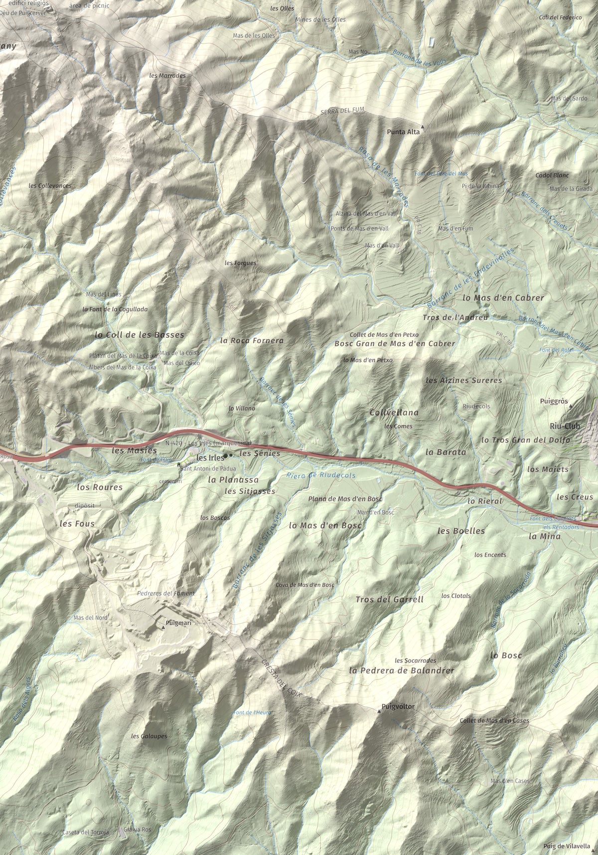 Mapa de relieve de Miranda de Puigcerver, 834 m, Baix Camp, lámina 100 Cims de Trobart. Detalle de la zona inferior derecha. 70 × 100 cm.