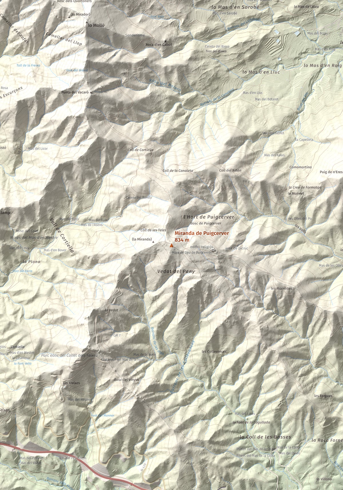 Mapa de relieve de Miranda de Puigcerver, 834 m, Baix Camp, lámina 100 Cims de Trobart. Detalle de la zona central. 70 × 100 cm.