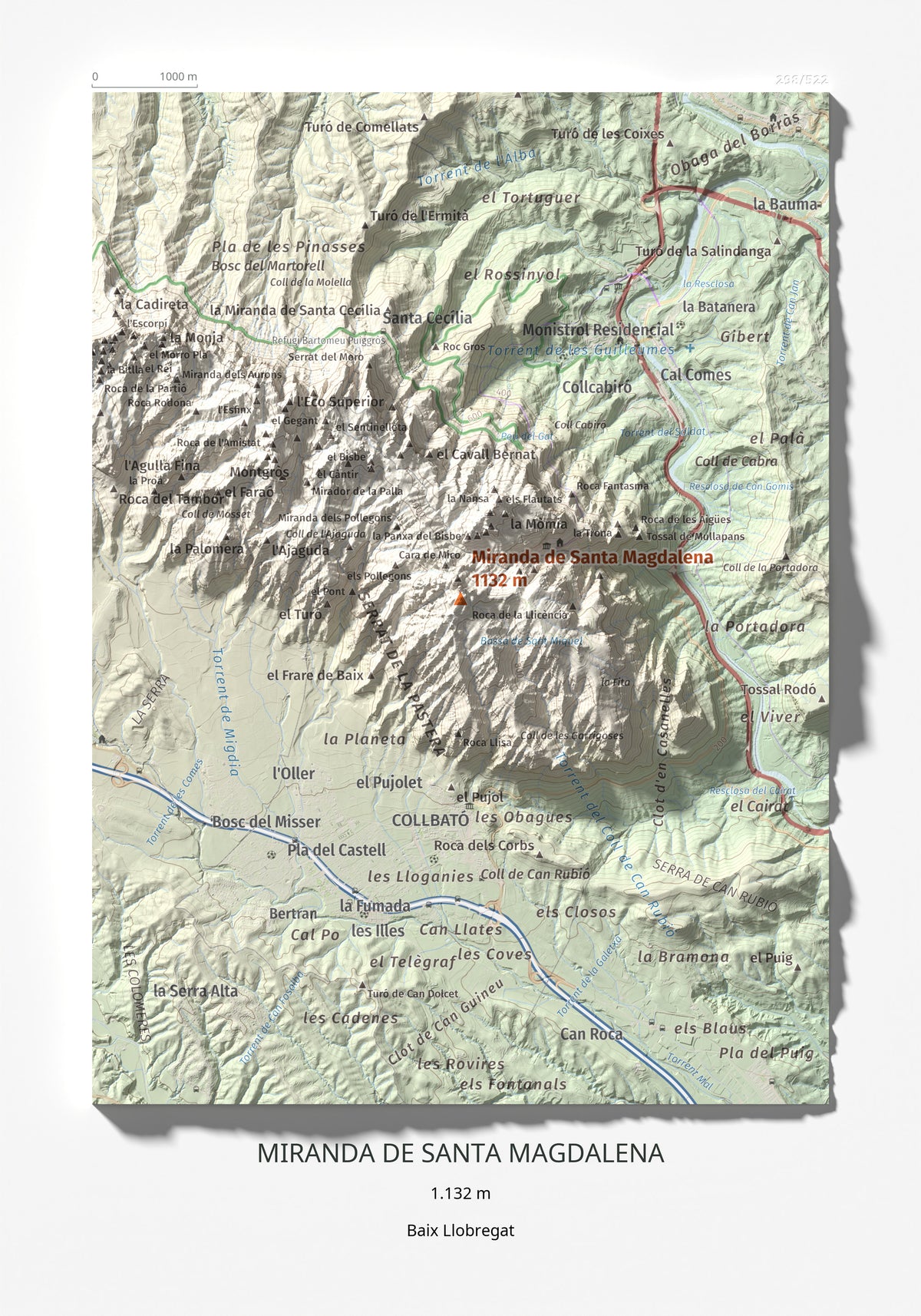 Mapa de relieve de Miranda de Santa Magdalena, 1132 m, Baix Llobregat, lámina 100 Cims de Trobart 21 × 30 cm.
