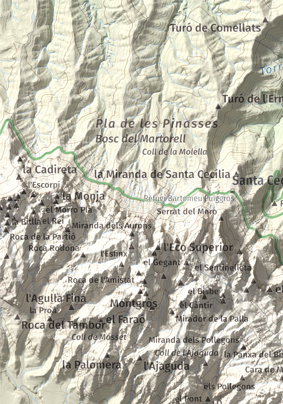 Mapa de relieve de Miranda de Santa Magdalena, 1132 m, Baix Llobregat, lámina 100 Cims de Trobart. Detalle de la zona superior izquierda. 21 × 30 cm.